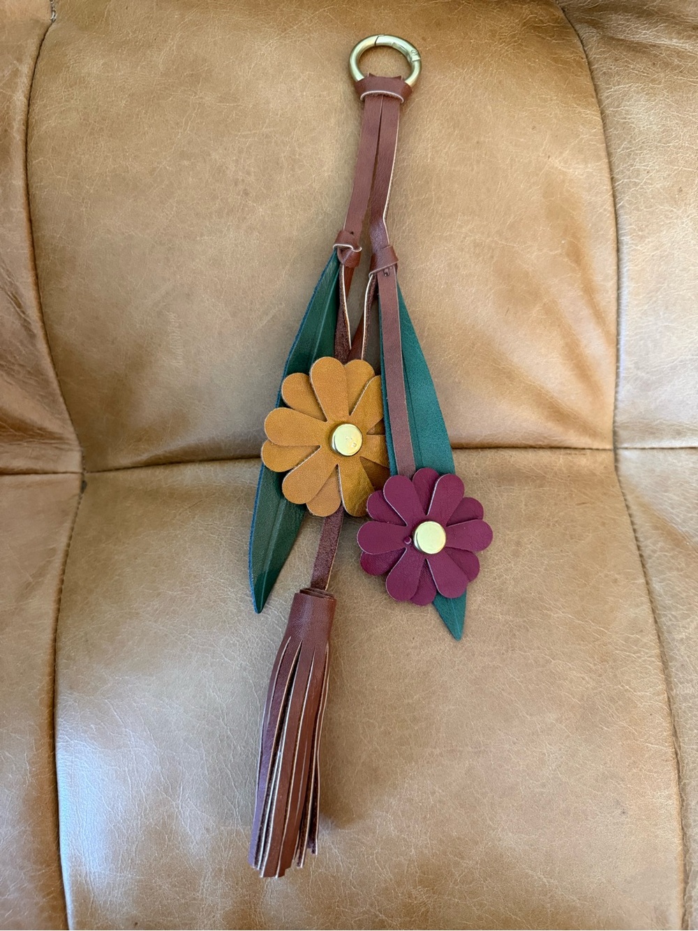 Leather Flower Tassel Key & Card Holder Charm in Brown, Mustard & Burgundy